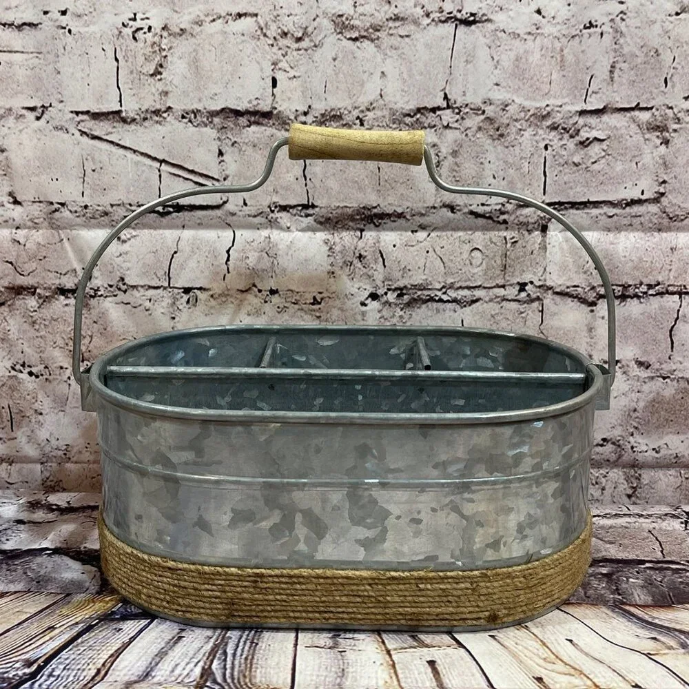 Silverware, Condiments/Napkins Galvanized & Twine Bucket New‎ With Tags!